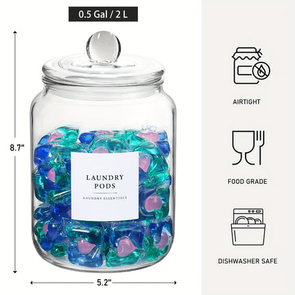 4-Pack Airtight Glass Storage Jars with Lids, Labels & Spoons - Half Gallon (64oz/1829ml), Dishwasher Safe & Space-Saving Organizer for Laundry Detergent, Pods, Beads, Bathroom, Pantry - Clear Containers with Measurement Icon