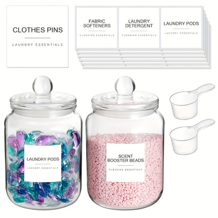 4-Pack Airtight Glass Storage Jars with Lids, Labels & Spoons - Half Gallon (64oz/1829ml), Dishwasher Safe & Space-Saving Organizer for Laundry Detergent, Pods, Beads, Bathroom, Pantry - Clear Containers with Measurement Icon