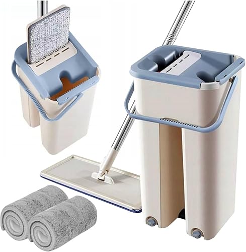 Serpillère plate avec seau et tampons en microfibre - E-menage
