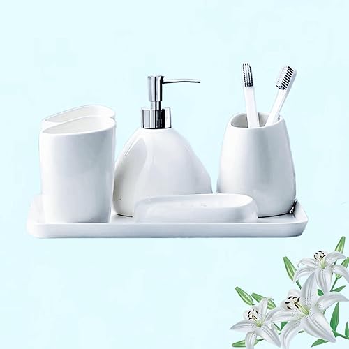 Qivine - Lot de 6 accessoires de salle de bain en céramique blanche avec distributeur de savon - E-menage