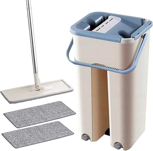 Serpillère plate avec seau et tampons en microfibre - E-menage