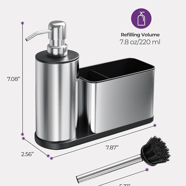 Organiseur d’évier équipé d’un distributeur de savon intégré et d’un support pour éponge - E-menage