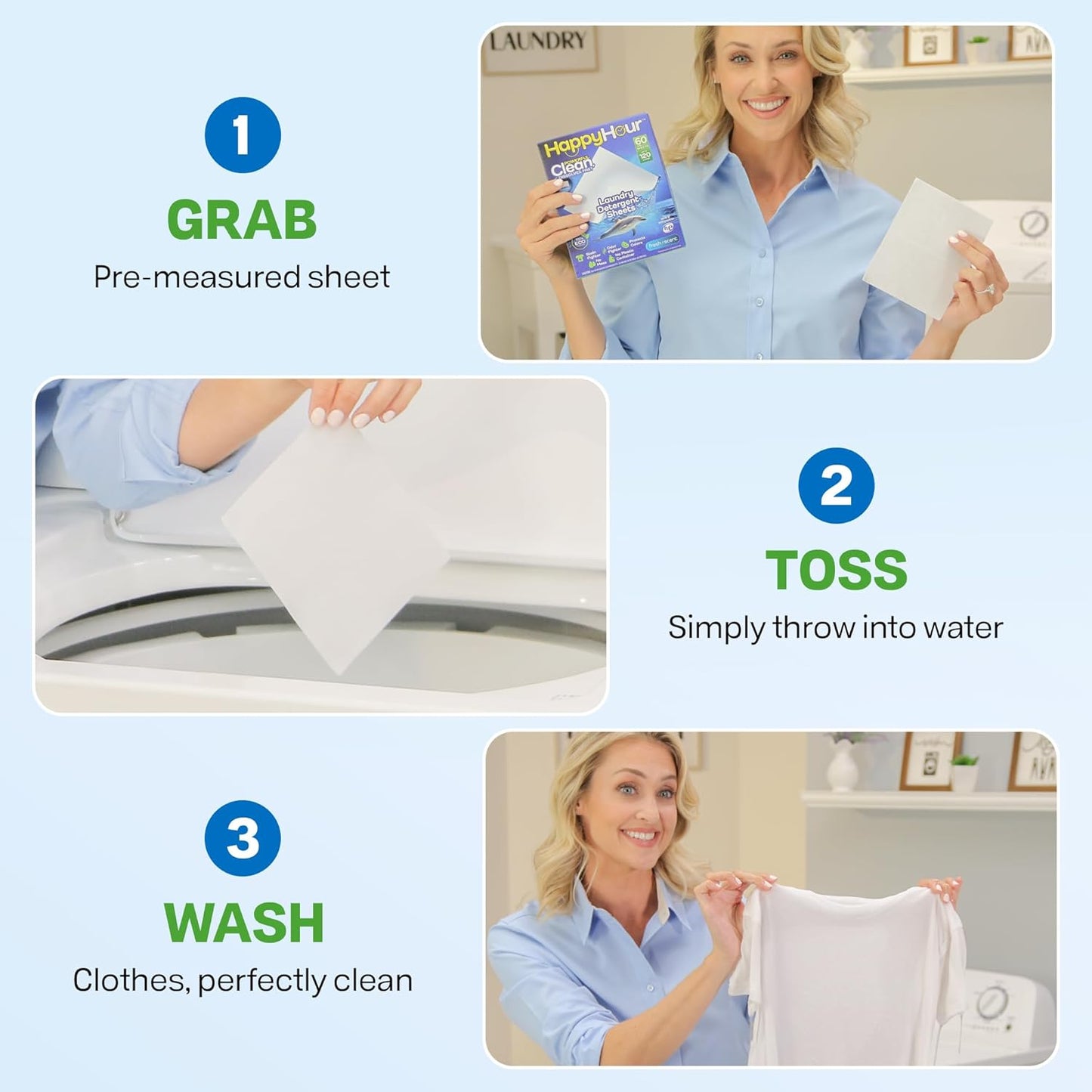 Lessive en feuilles HAPPY HOUR, pack économique jusqu'à 120 lavages - E-menage
