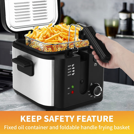 SUSTEAS 1500W Electric Deep Fryer with Basket, 84.5oz Large Capacity, Adjustable Temperature, Easy-Clean Pot, Foldable Handle, Compact Durable Design - Stylish Kitchen Appliance & Essential Tool for Family Dinners, Parties, E