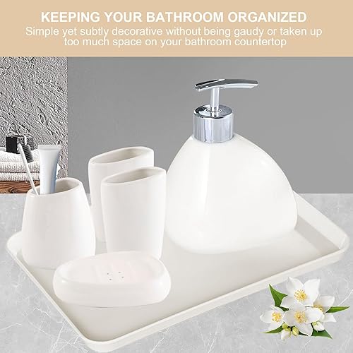 Qivine - Lot de 6 accessoires de salle de bain en céramique blanche avec distributeur de savon - E-menage