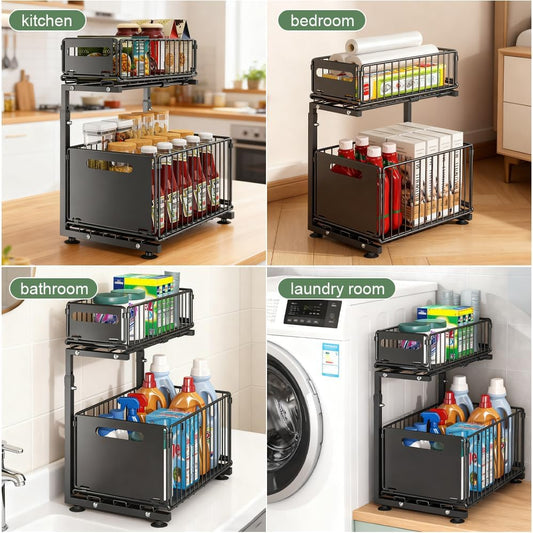 Under Sink Sliding Organizer – 2 Metal Tiers | Instant Space Saving