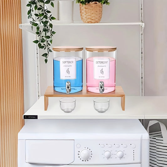 2-Pack 120 oz Large Capacity Glass Laundry Detergent Dispenser Set - Freestanding, Lead-Free, Bamboo Lids, Shelf Stand, Spouts, 8 Waterproof Labels, and 2 Glass Cups for Liquid Detergent - Space-Saving Laundry Room Organizati