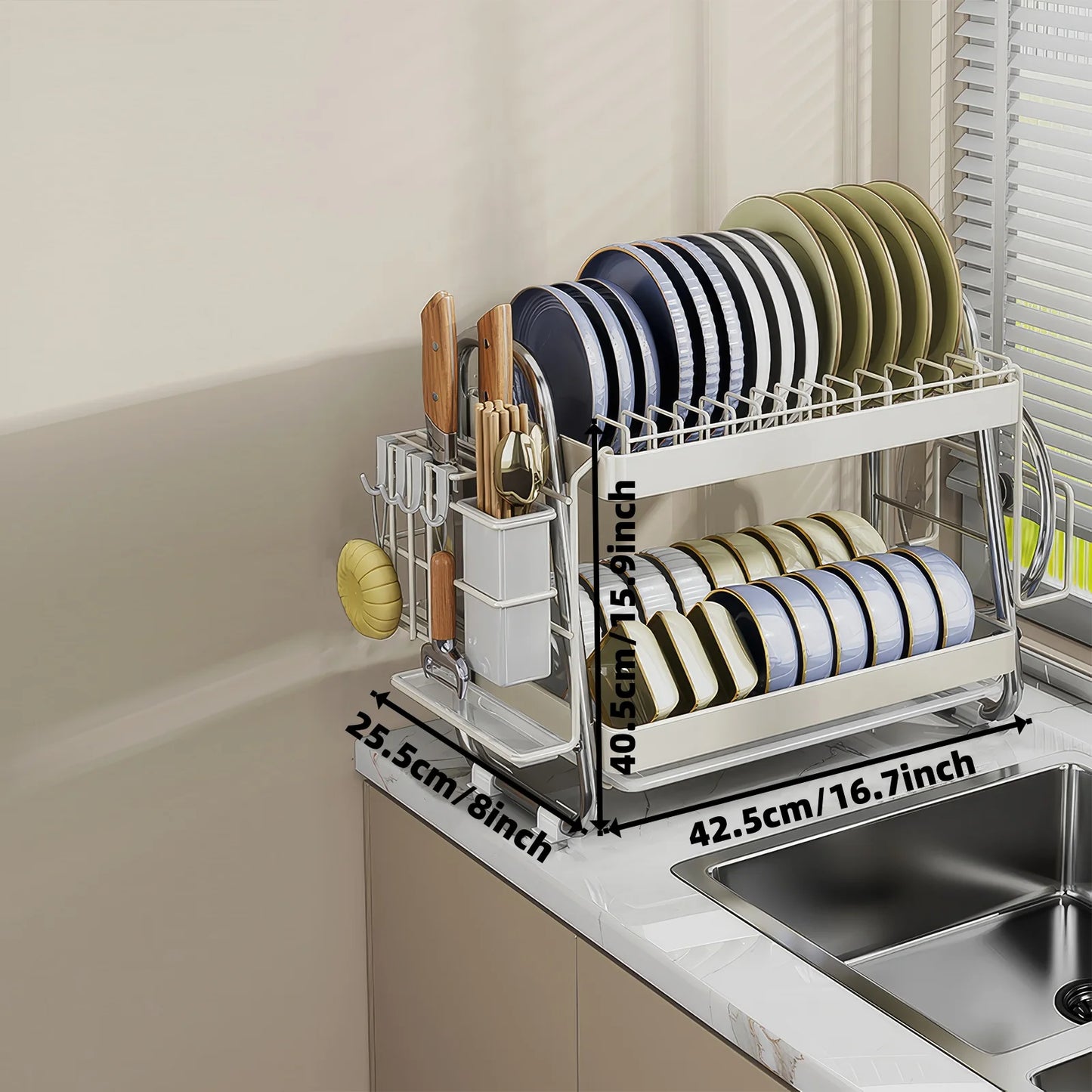 Dish rack, Stainless steel dish drainer, Multi-functional 2-tier dish drying rack with draining tray, utensil holder, hooks