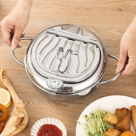 Frying Pot 3.2L Double Ear 201 Stainless Steel Fryer Pot with Oil Drip Drainer Rack Thermometer for Tempura 3.2L Frying Pot