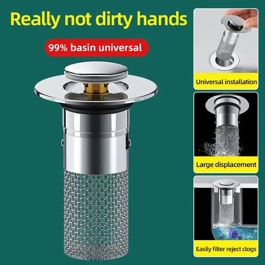 Washbasin Leak Plug, Stainless Steel Odor Proof Bouncing Core, Press Type Sink Drain, Universal Accessory for Washbasin