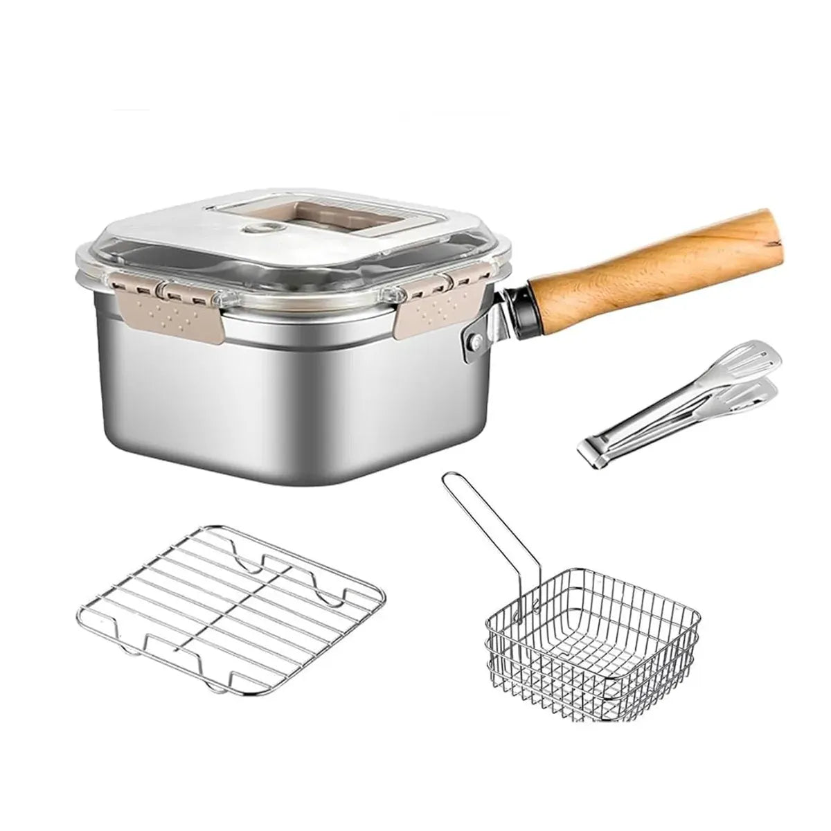MultiFunction Frying Cooker Set Portable Stainless Steel Deep Fryer Pot with Basket Tongs Oil Drip Rack Household Frying Pan Set