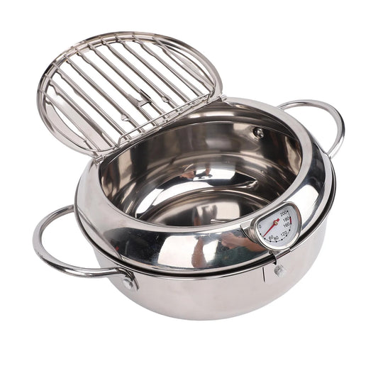 Deep Fryer Pot 201 Stainless Steel 2.2L Japanese Frying Pot with Oil Drain Temperature Control and Lid for Kitchen Stove
