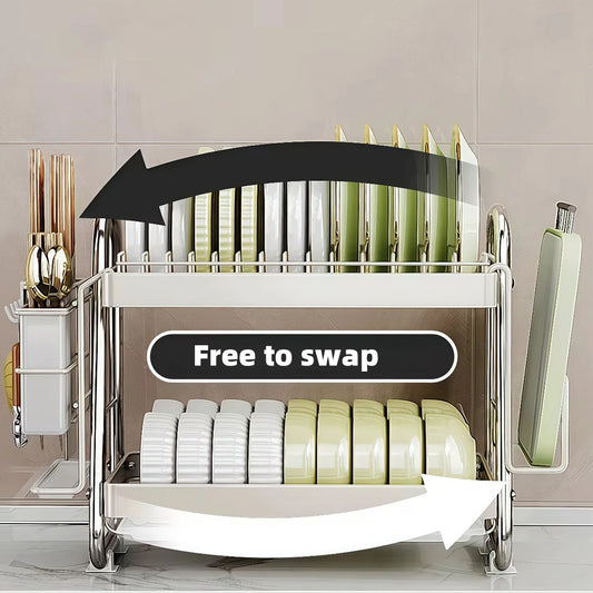 Dish rack, Stainless steel dish drainer, Multi-functional 2-tier dish drying rack with draining tray, utensil holder, hooks