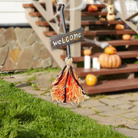 Movable Witch Broom with Music and Lights Prop Figurine DIY Supplies Dancing Broom for Living Room Porch Office Party Outdoor