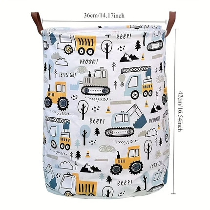 Laundry Basket Large Capacity Cartoon Print Foldable Portable Construction Vehicle Design Sturdy Construction Home Organization - E-menage