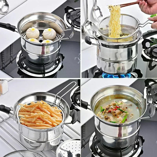 Stainless Steel Fryer Pot With Strainer Basket And Handle Portable Multi-functional Deep Frying Pot For French Fries Seafood