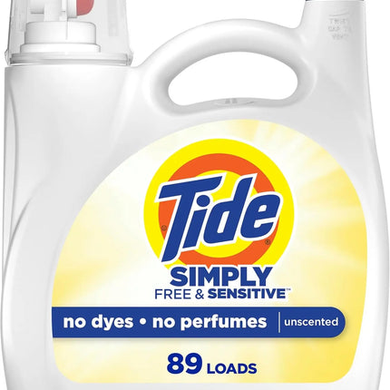 Lessive Liquide Tide Sensitive – Sans Parfum ni Colorant – 3,3 L (117 oz), 89 Lavages | Hypoallergénique, Douce pour la Peau, Efficace à l’Eau Froide, Compatible HE