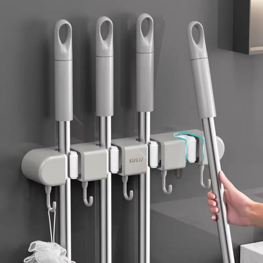 Broom Mop Holder with Hooks Wall Mounted Broom Storage Rack No Drilling Self-Adhesive Kitchens Organizer Multifunction Holder