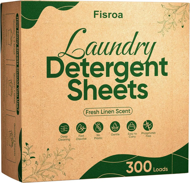 Travel Laundry Detergent Sheets 300 Loads Eco-friendly Washing Detergent Sheets Plastic-Free Washer Sheets, Fresh Linen