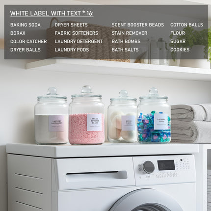 4-Pack Airtight Glass Storage Jars with Lids, Labels & Spoons - Half Gallon (64oz/1829ml), Dishwasher Safe & Space-Saving Organizer for Laundry Detergent, Pods, Beads, Bathroom, Pantry - Clear Containers with Measurement Icon