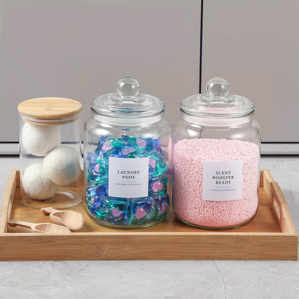 4-Pack Airtight Glass Storage Jars with Lids, Labels & Spoons - Half Gallon (64oz/1829ml), Dishwasher Safe & Space-Saving Organizer for Laundry Detergent, Pods, Beads, Bathroom, Pantry - Clear Containers with Measurement Icon