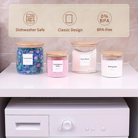 4-Piece Farmhouse Laundry Room Organization Set - Glass Jar Containers with Labels for Laundry Detergent, Flavor Enhancer, and Cookies Storage - Decorative Laundry Room Essentials for a Clutter-Free Space