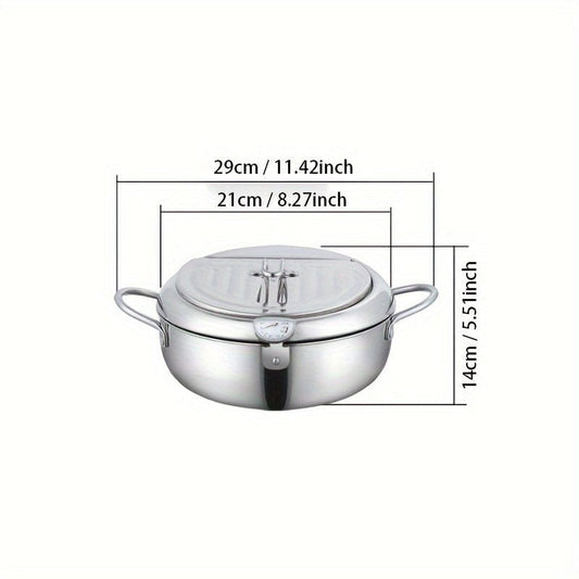 Friteuse en acier inoxydable de grande capacité (2,2 L) avec couvercle - Résistante à la chaleur, thermomètre et grille d'égouttage inclus - Fonctionne sans électricité, idéale pour les frites, le poulet et les crevettes.