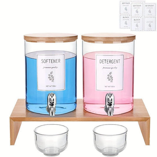 2-Pack 120 oz Large Capacity Glass Laundry Detergent Dispenser Set - Freestanding, Lead-Free, Bamboo Lids, Shelf Stand, Spouts, 8 Waterproof Labels, and 2 Glass Cups for Liquid Detergent - Space-Saving Laundry Room Organizati