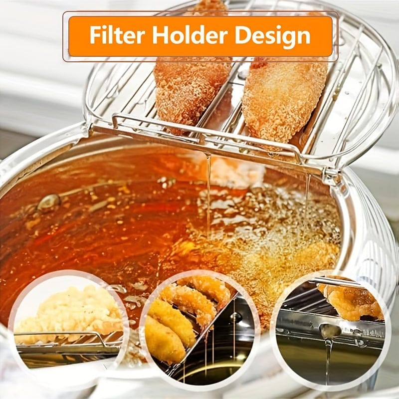 [Stainless Steel Deep Fryer] 2.2L Large Capacity Stainless Steel Deep Fryer with Lid - Heat-Resistant, Includes Thermometer & Oil Drip Rack - Non-Electric, High-Temperature Resistant, Perfect for French Fries, Chicken, Shrimp