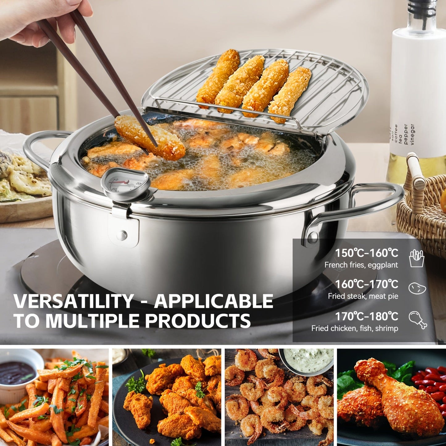 1pc Stainless Steel Deep Fryer with Thermometer, Oil Drop Filter Rack & Lid - Perfect for Gas & Induction Stoves, Ideal for Frying Beef Patties, Sesame Fry Bags, and Fried Chicken Willow, Kitchen Cookware | Transparent Lid Fe