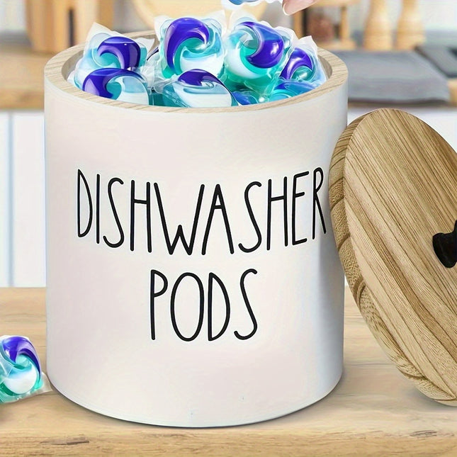 [Rustic Wooden Dishwasher Holder] Rustic Wooden Dishwasher Pod Holder - Space-Saving Organizer for Detergent Pods and Tablets, Storage Bins for Home Organization with Lid