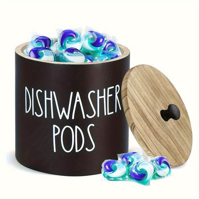 [Rustic Wooden Dishwasher Holder] Rustic Wooden Dishwasher Pod Holder - Space-Saving Organizer for Detergent Pods and Tablets, Storage Bins for Home Organization with Lid