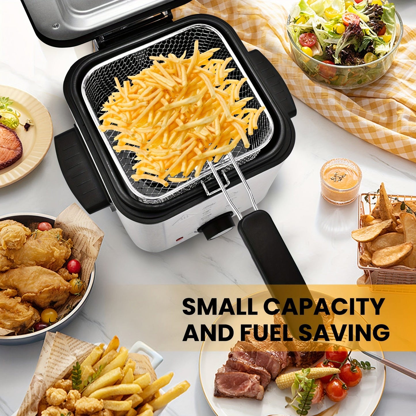 SUSTEAS 1500W Electric Deep Fryer with Basket, 84.5oz Large Capacity, Adjustable Temperature, Easy-Clean Pot, Foldable Handle, Compact Durable Design - Stylish Kitchen Appliance & Essential Tool for Family Dinners, Parties, E