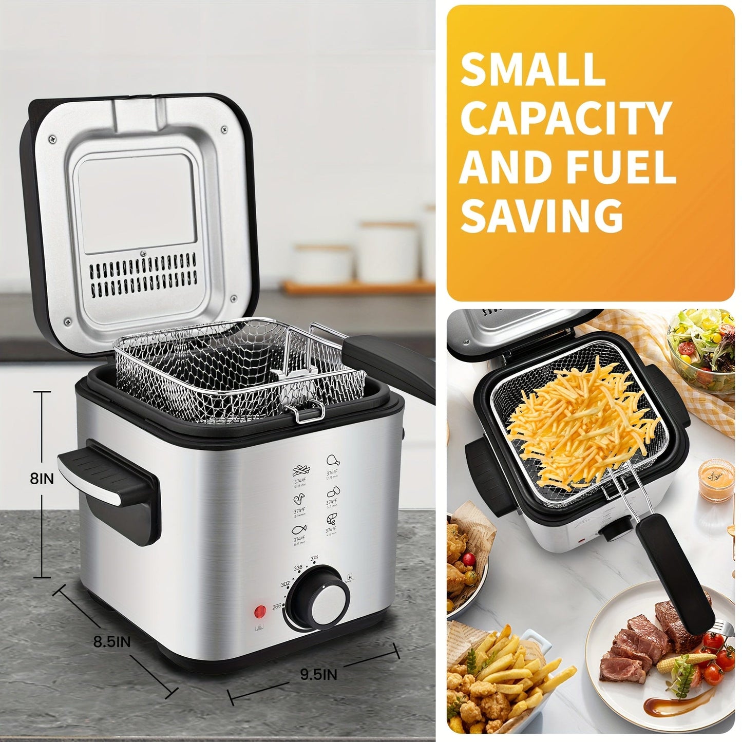 SUSTEAS 1500W Electric Deep Fryer with Basket, 84.5oz Large Capacity, Adjustable Temperature, Easy-Clean Pot, Foldable Handle, Compact Durable Design - Stylish Kitchen Appliance & Essential Tool for Family Dinners, Parties, E