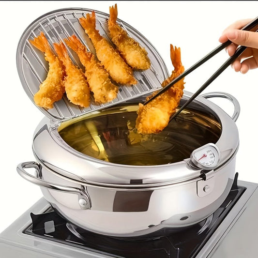 1pc Stainless Steel Deep Fryer with Thermometer, Oil Drop Filter Rack & Lid - Perfect for Gas & Induction Stoves, Ideal for Frying Beef Patties, Sesame Fry Bags, and Fried Chicken Willow, Kitchen Cookware | Transparent Lid Fe