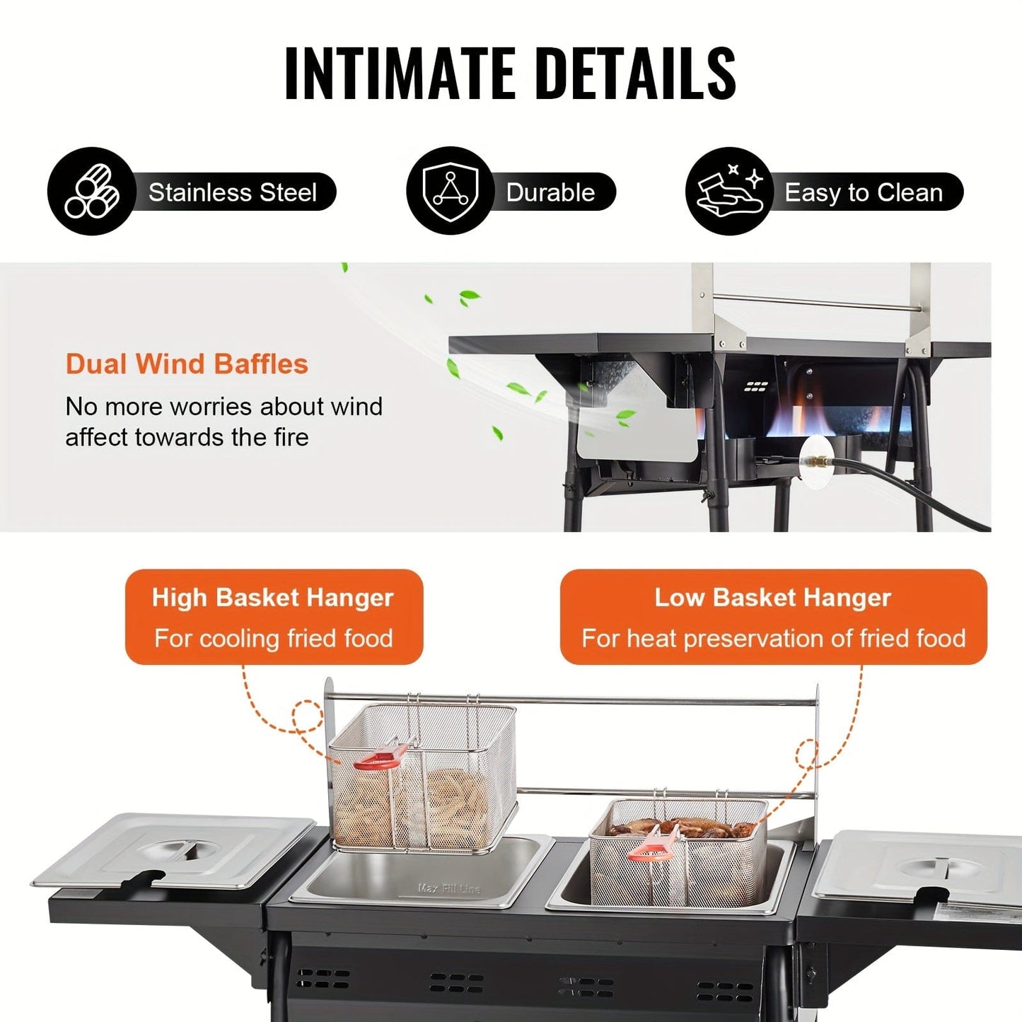 Happybuy Outdoor Propane Deep Fryer, 16 Qt Dual Burner, Stainless Steel with Removable Baskets & Lids, Integrated Oil Fryer Cart with Thermometer & Regulator for Commercial Cooking