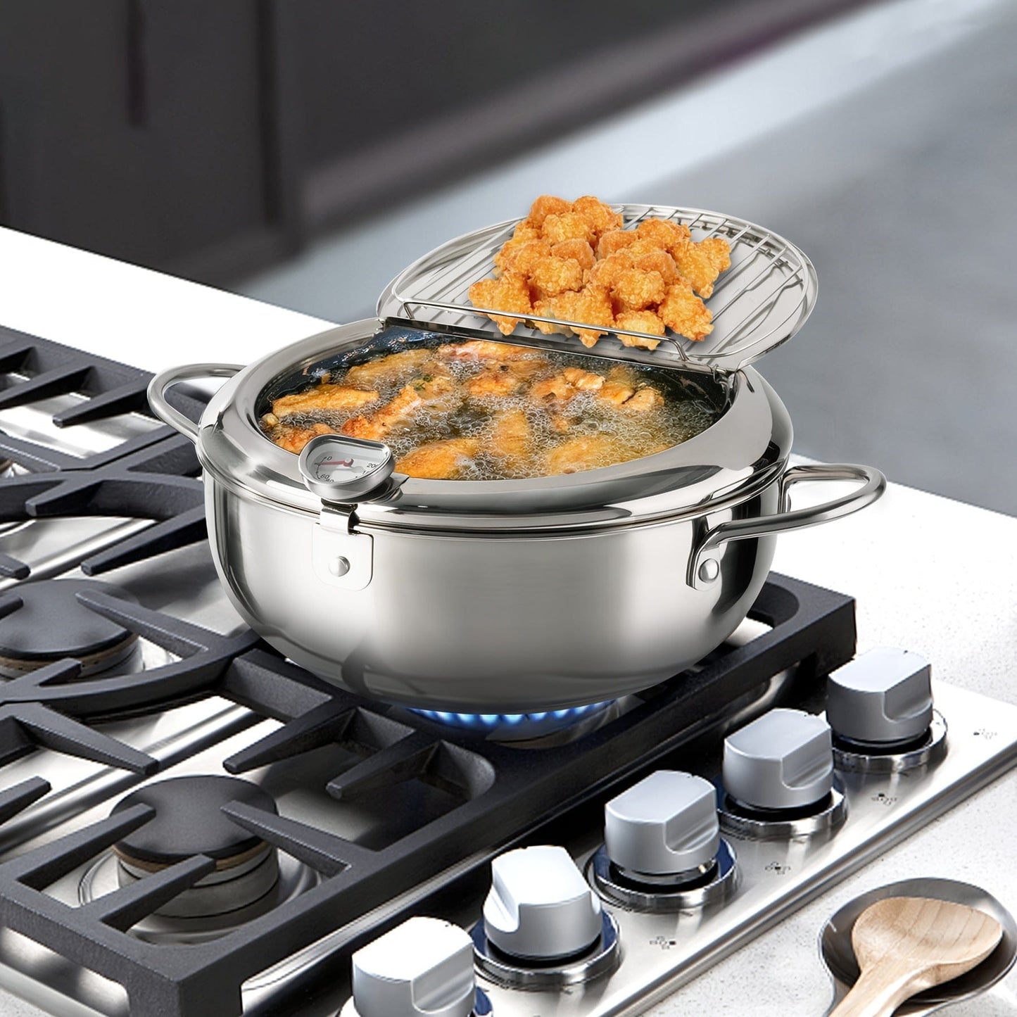 1pc Stainless Steel Deep Fryer with Thermometer, Oil Drop Filter Rack & Lid - Perfect for Gas & Induction Stoves, Ideal for Frying Beef Patties, Sesame Fry Bags, and Fried Chicken Willow, Kitchen Cookware | Transparent Lid Fe