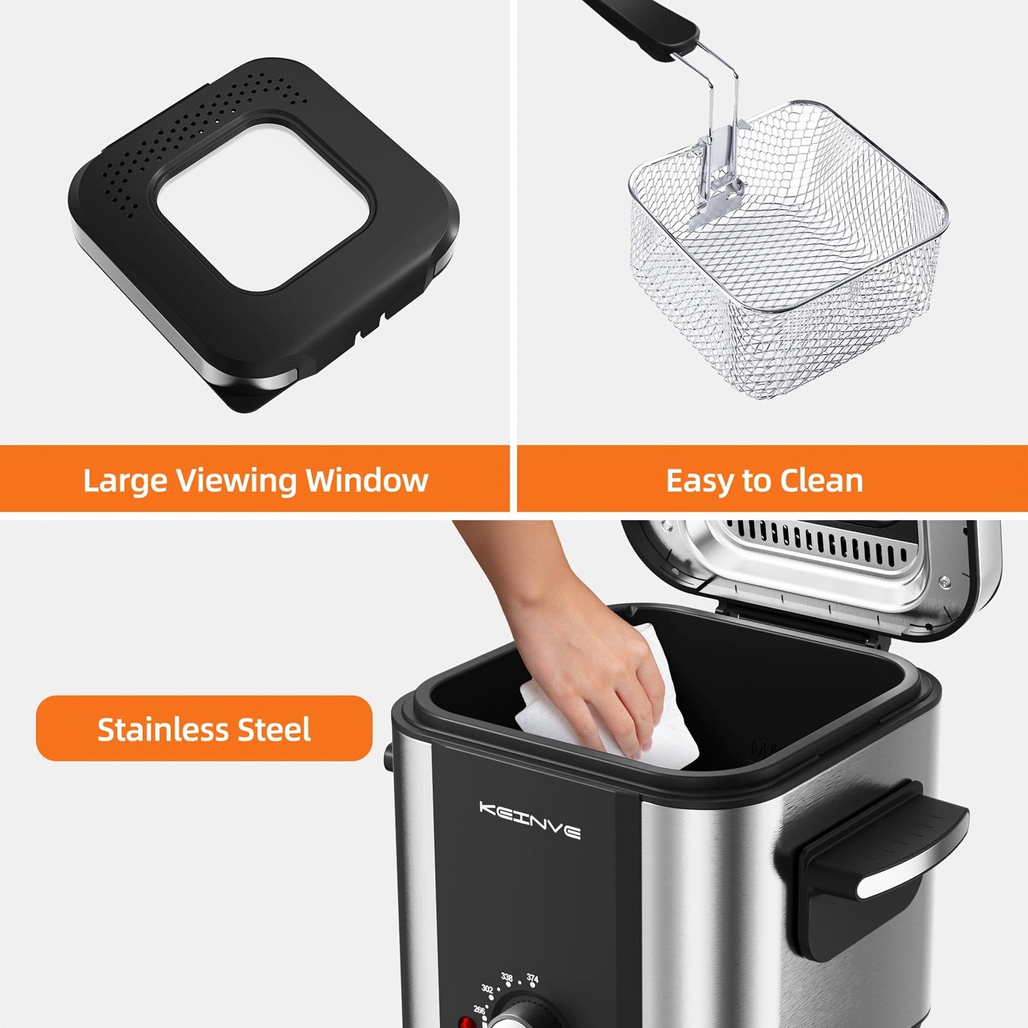1.5L Electric Deep Fryer - Stainless Steel, Non-Stick, Temp Control, Easy Clean with Odor Filter & Viewing Window