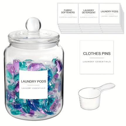 4-Pack Airtight Glass Storage Jars with Lids, Labels & Spoons - Half Gallon (64oz/1829ml), Dishwasher Safe & Space-Saving Organizer for Laundry Detergent, Pods, Beads, Bathroom, Pantry - Clear Containers with Measurement Icon