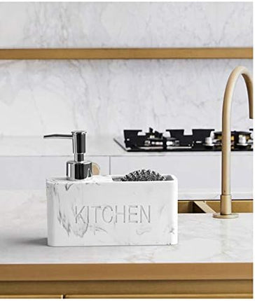 Distributeur de savon pour cuisine équipé d’un porte-éponge et d’un compartiment pour liquide vaisselle