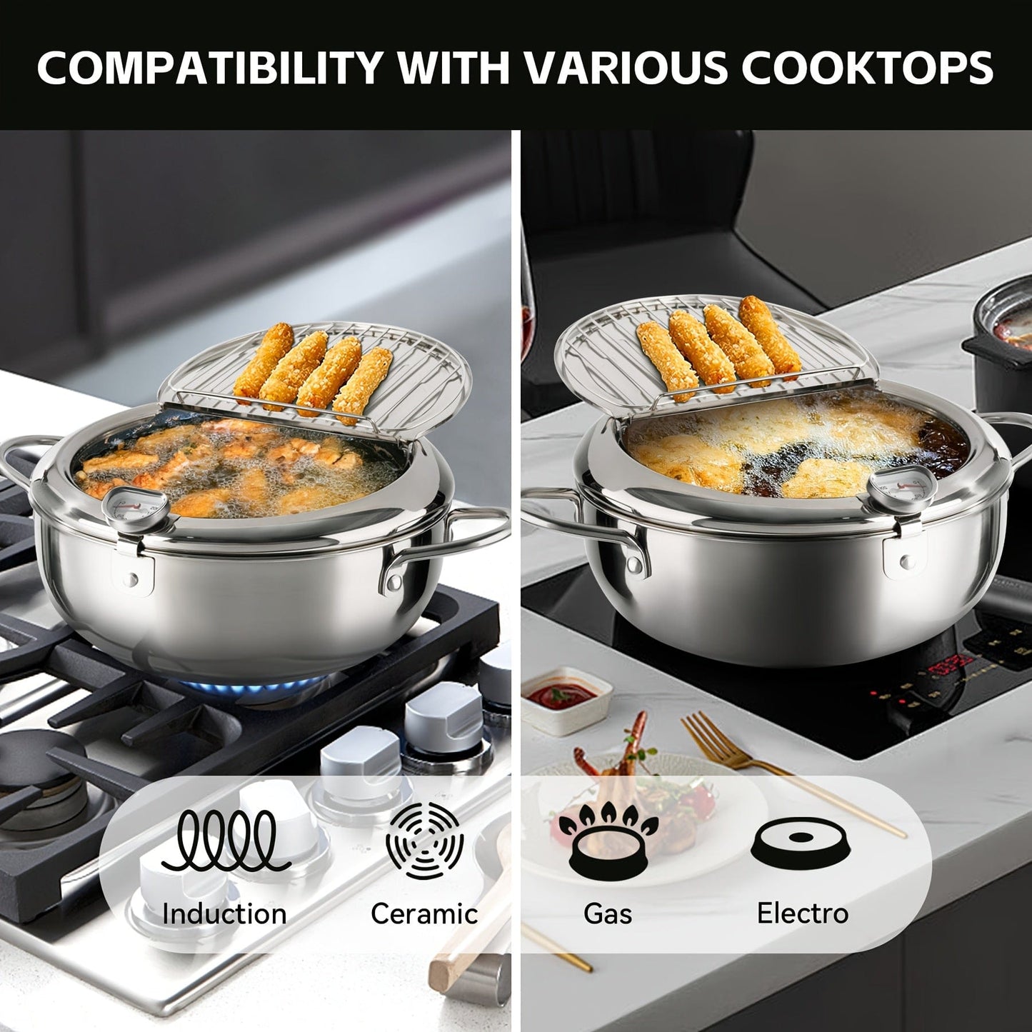 1pc Stainless Steel Deep Fryer with Thermometer, Oil Drop Filter Rack & Lid - Perfect for Gas & Induction Stoves, Ideal for Frying Beef Patties, Sesame Fry Bags, and Fried Chicken Willow, Kitchen Cookware | Transparent Lid Fe