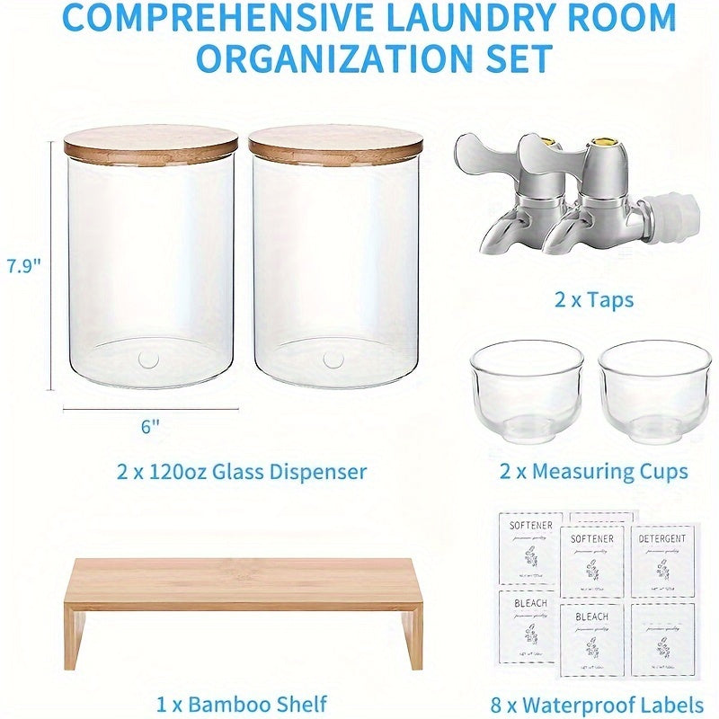 2-Pack 120 oz Large Capacity Glass Laundry Detergent Dispenser Set - Freestanding, Lead-Free, Bamboo Lids, Shelf Stand, Spouts, 8 Waterproof Labels, and 2 Glass Cups for Liquid Detergent - Space-Saving Laundry Room Organizati