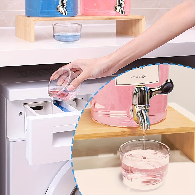 2-Pack 120 oz Large Capacity Glass Laundry Detergent Dispenser Set - Freestanding, Lead-Free, Bamboo Lids, Shelf Stand, Spouts, 8 Waterproof Labels, and 2 Glass Cups for Liquid Detergent - Space-Saving Laundry Room Organizati