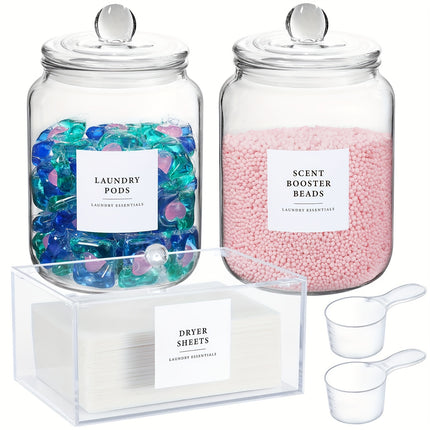 4-Pack Airtight Glass Storage Jars with Lids, Labels & Spoons - Half Gallon (64oz/1829ml), Dishwasher Safe & Space-Saving Organizer for Laundry Detergent, Pods, Beads, Bathroom, Pantry - Clear Containers with Measurement Icon