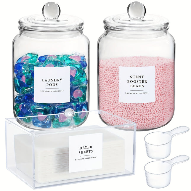 4-Pack Airtight Glass Storage Jars with Lids, Labels & Spoons - Half Gallon (64oz/1829ml), Dishwasher Safe & Space-Saving Organizer for Laundry Detergent, Pods, Beads, Bathroom, Pantry - Clear Containers with Measurement Icon