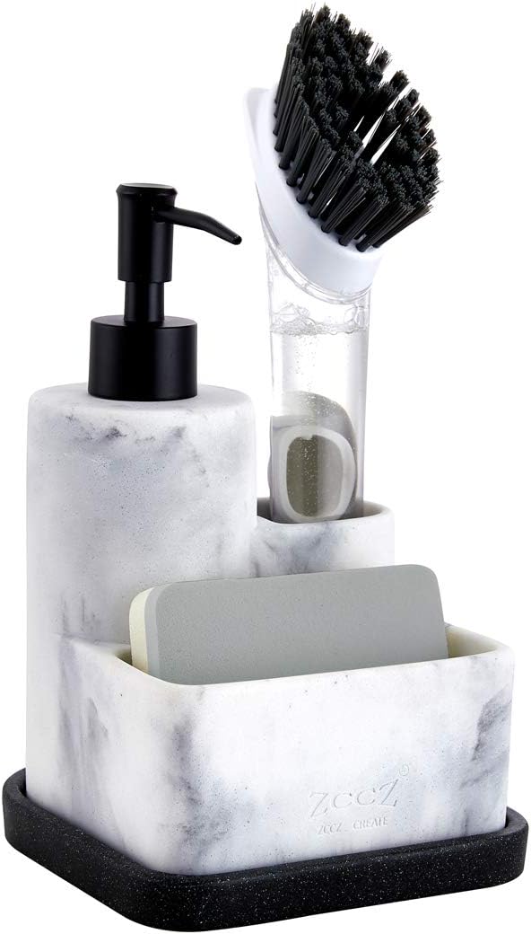 Distributeur de liquide vaisselle équipé d’un porte-éponge et support pour brosses