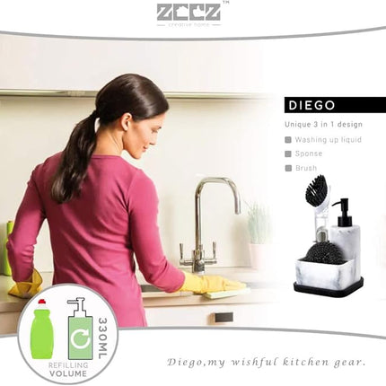 Distributeur de liquide vaisselle équipé d’un porte-éponge et support pour brosses