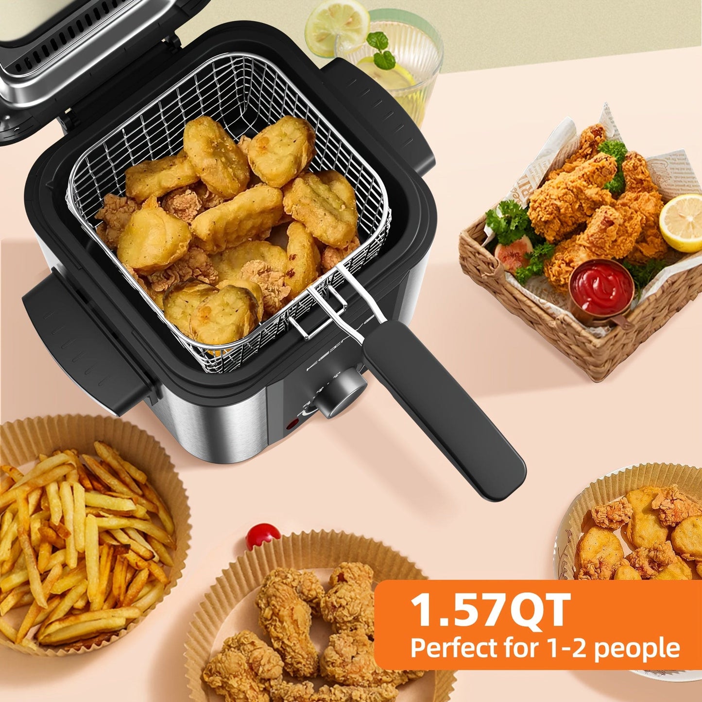 1.5L Electric Deep Fryer - Stainless Steel, Non-Stick, Temp Control, Easy Clean with Odor Filter & Viewing Window