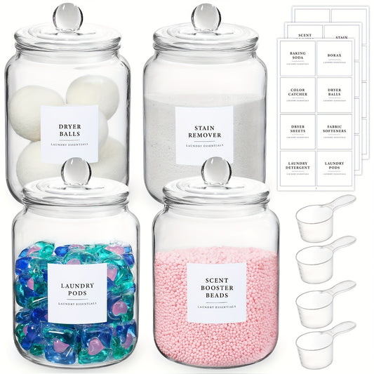 4-Pack Airtight Glass Storage Jars with Lids, Labels & Spoons - Half Gallon (64oz/1829ml), Dishwasher Safe & Space-Saving Organizer for Laundry Detergent, Pods, Beads, Bathroom, Pantry - Clear Containers with Measurement Icon