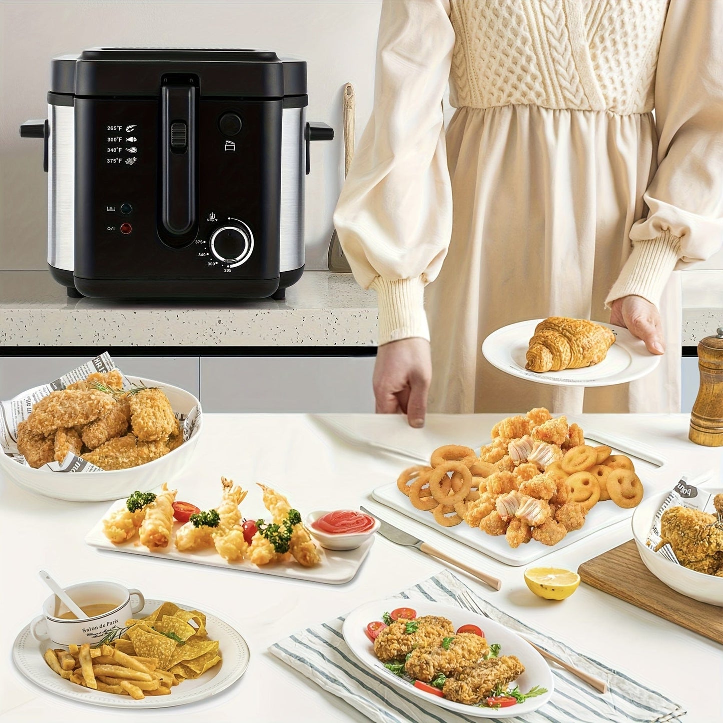 SUSTEAS 1500W Electric Deep Fryer with Basket, 84.5oz Large Capacity, Adjustable Temperature, Easy-Clean Pot, Foldable Handle, Compact Durable Design - Stylish Kitchen Appliance & Essential Tool for Family Dinners, Parties, E